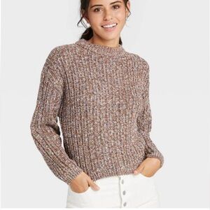 Universal Thread Women's Tan Multi Cable Knit Crewneck Pullover Sweater Small